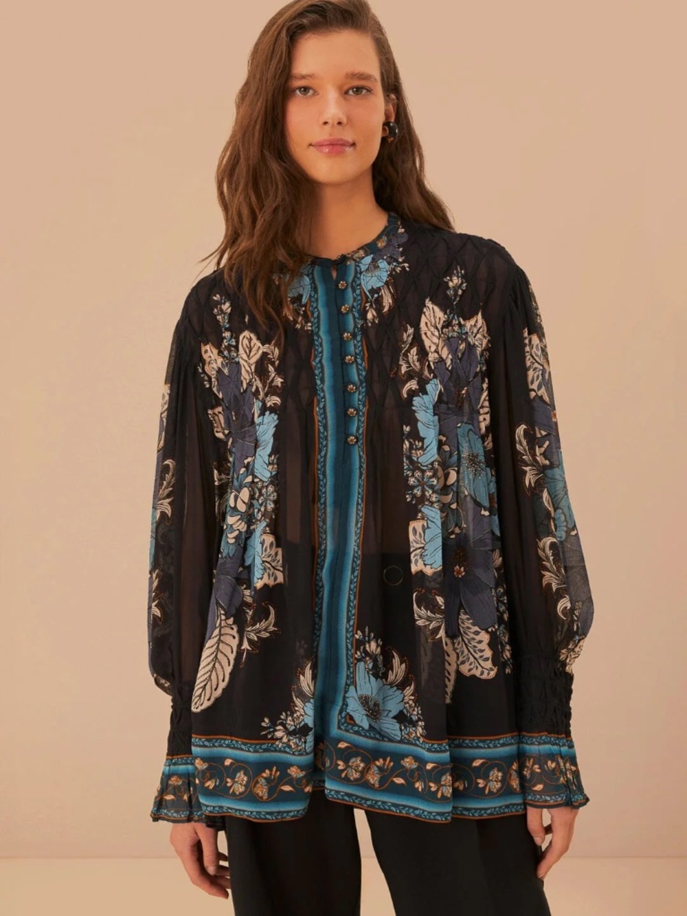 Farm Rio Blossom Tapestry Black Bee Smocked Blouse